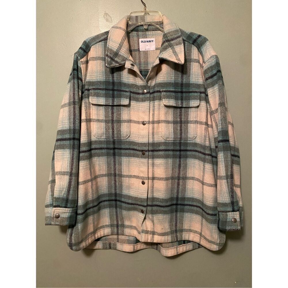 Old Navy Transitional Plaid Utility Shacket Green Size Large